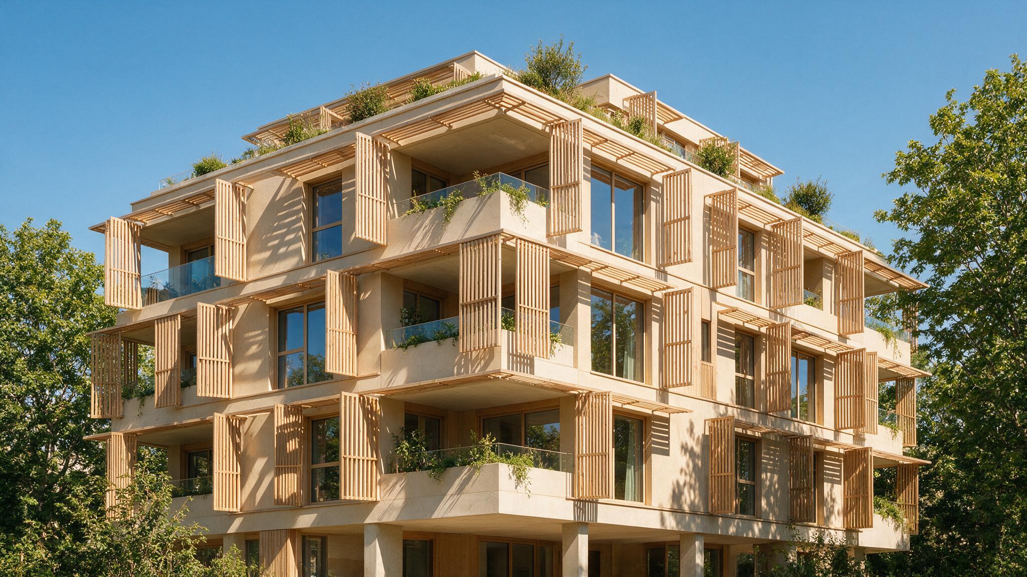 Façade d’immeuble équipée de brise-soleil et de stores extérieurs en été