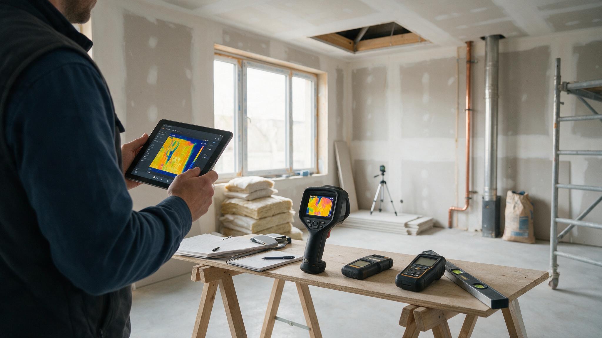 Diagnostiqueur réalisant un DPE dans un logement en cours de rénovation
